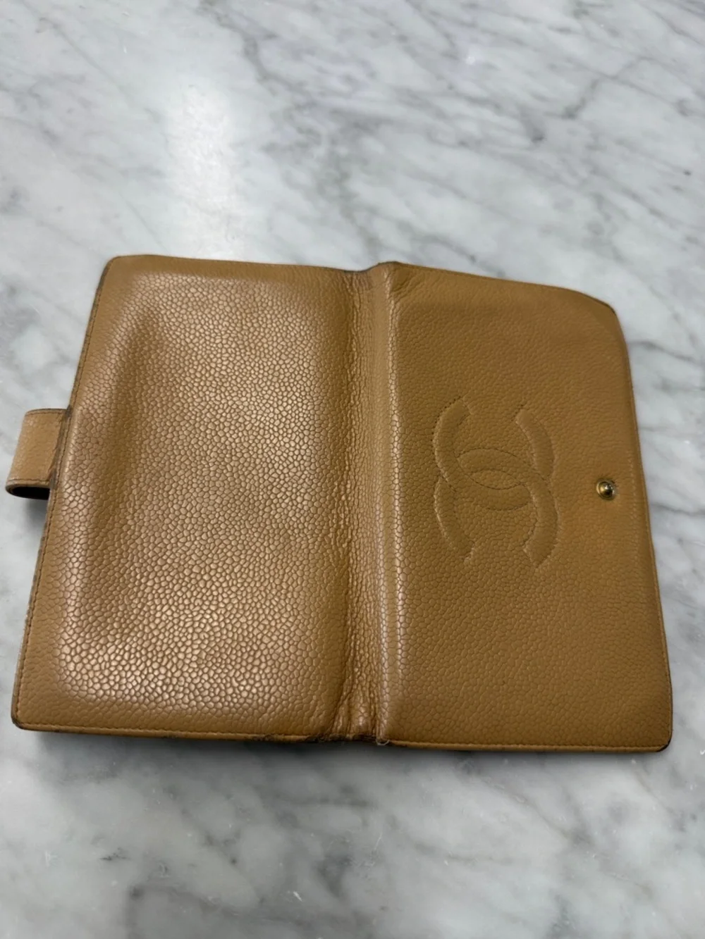 CHANEL Vintage Timeless Long Wallet in Beige Caviar Leather